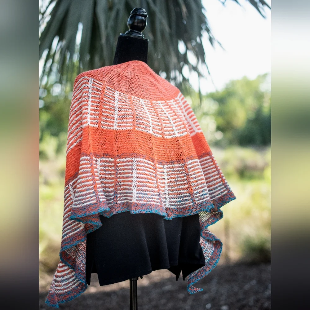 Hand Crafted OOAK Avantgarde Boho Striped Cotton Orange Blue Summer Knit Shawl - Picture 12 of 15